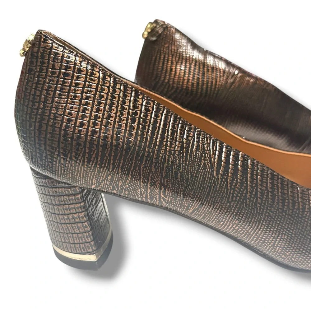 J. Renee Bronze Metallic Lizard Embossed Square Toe Block Heel Pumps